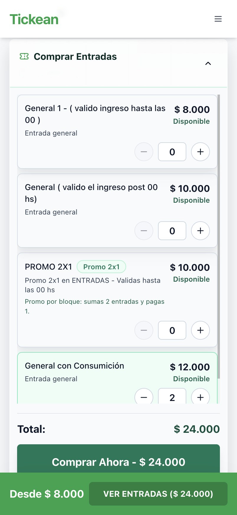 Selección de entradas y checkout en el celular