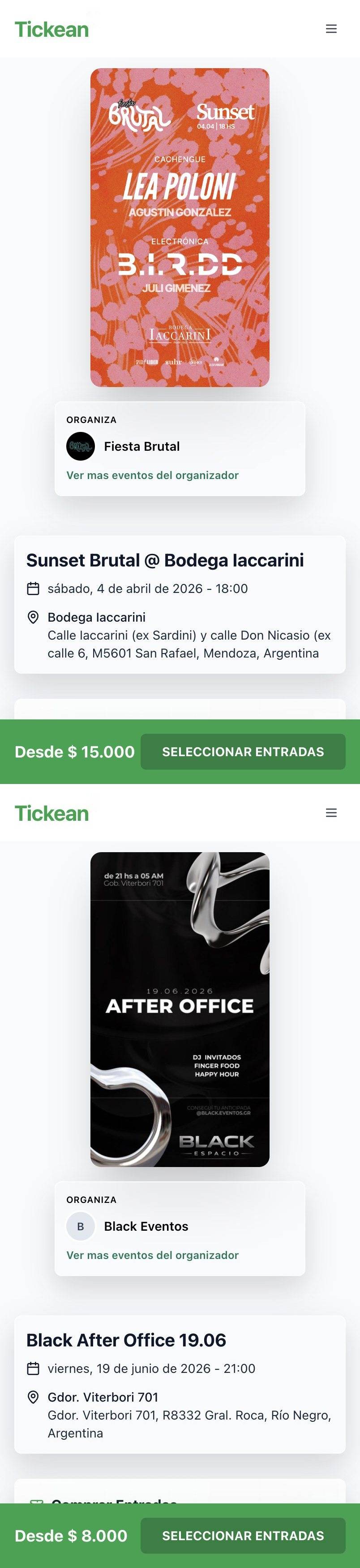 Feed de eventos de Tickean en el celular
